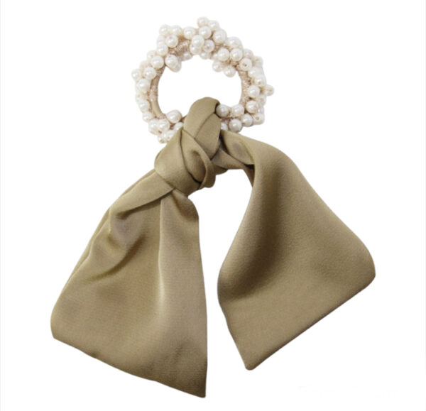 Scrunchie - Pearls & Olive Bow Tie